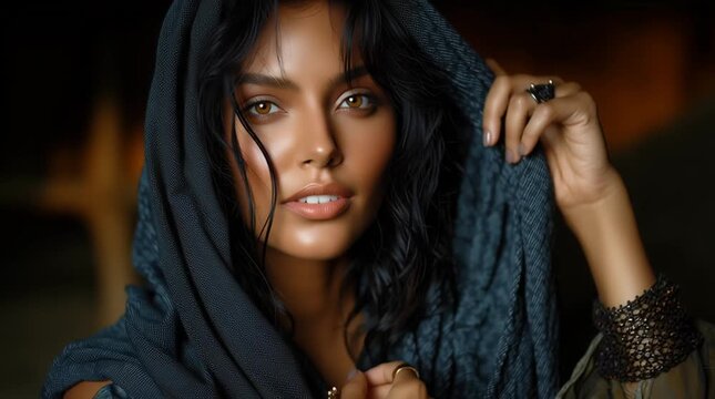 mysterious nomadic woman at golden desert sunset, ethnic desert wanderer portrait in arid sands, enigmatic tribal woman in sahara dunes