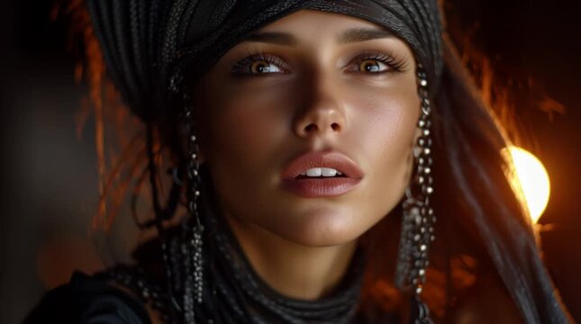 mysterious nomadic woman at golden desert sunset, ethnic desert wanderer portrait in arid sands, enigmatic tribal woman in sahara dunes