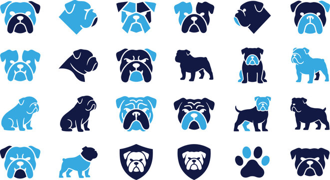 Set of bulldog icons showcasing various poses and expressions for design.