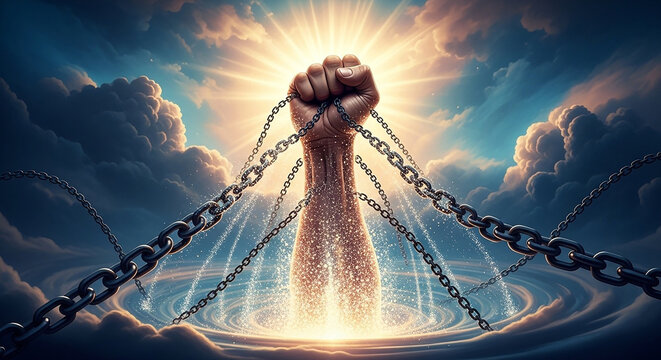 Breaking free a powerful image of liberation and overcoming obstacles with celestial light