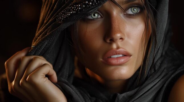 mysterious nomadic woman at golden desert sunset, ethnic desert wanderer portrait in arid sands, enigmatic tribal woman in sahara dunes