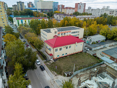 Aerial drone view of A.M. Kizhevatov Children's Creativity Club in Tyumen, Russia, September 28, 2021