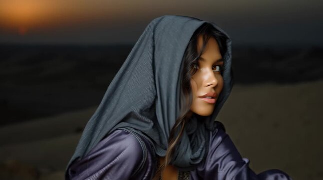 mysterious nomadic woman at golden desert sunset, ethnic desert wanderer portrait in arid sands, enigmatic tribal woman in sahara dunes