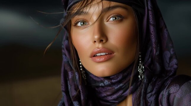 mysterious nomadic woman at golden desert sunset, ethnic desert wanderer portrait in arid sands, enigmatic tribal woman in sahara dunes