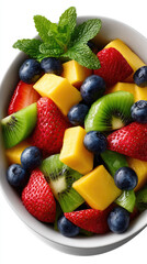 Obraz premium Colorful fruit salad in a white bowl with mango, strawberries, blueberries and kiwi fresh, juicy, vitamin rich snack for healthy eating, summer breakfasts and desserts