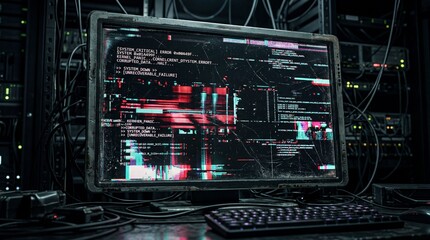 Fototapeta premium A computer screen displaying coding and data processing in a dark room.