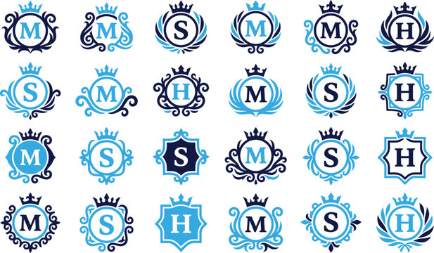 Collection of royal emblems and monograms with letters m and s and h.