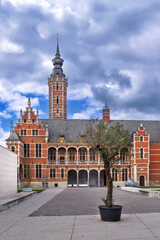 Fototapeta premium Hof van Busleyden, Mechelen, Belgium, wide angle view. Renaissance brick and stone architecture under cloudy gray sky