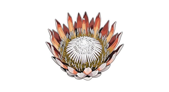 Detailed illustration of a King Protea flower with pink and white petals, a symbol of rare beauty.