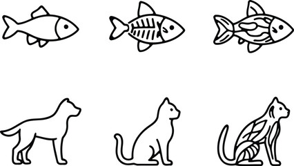 Fototapeta premium Simple doodle set featuring fish and cats in black and white line art