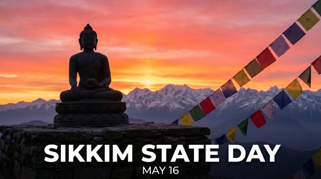 A breathtaking view of Sikkim&rsquo;s snow-capped mountains, with colorful Buddhist prayer flags fluttering in the wind