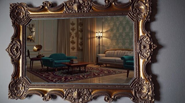 ornate mirror reflects vintage parlor scene, soft teal sofa, brass lamp, patterned wallpaper, Persian rug, gilt frame curator inspects, antiques dealer catalogs, historian studies, appraiser