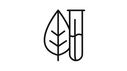 Minimalist black vector icon of a leaf and a test tube, representing biotechnology, natural science research, and eco-friendly laboratory experiments. Scalable line art graphic illustration. © AMIN SUMON