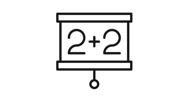 Black line vector icon of a pull-down projector screen with a simple math addition equation of two plus two, representing education, basic mathematics, learning, and classroom teaching concepts.