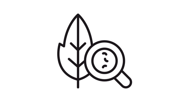 Vector icon illustration of a leaf under a magnifying glass showing bacteria or microorganisms, representing plant pathology, biological research, environmental science, and pest control.