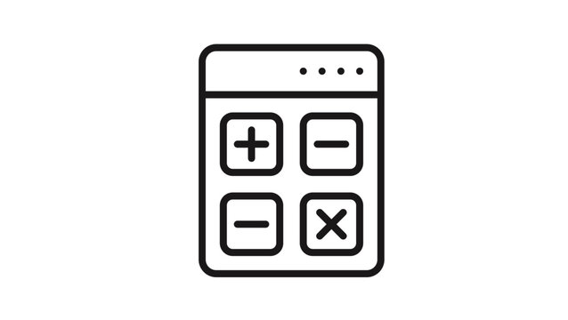Minimalist black line vector icon of a calculator featuring basic mathematical operation symbols for addition, subtraction, multiplication, and division, isolated on a white background illustration