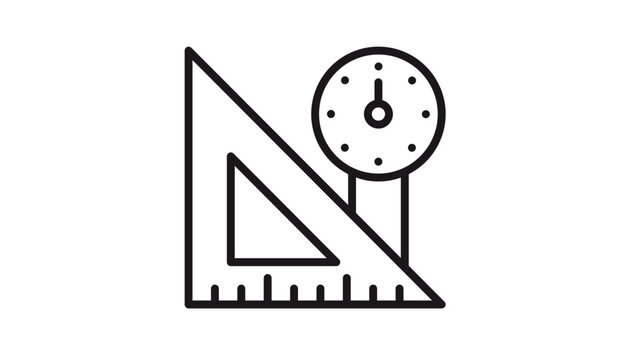 Black line vector icon of a set square triangle ruler and a dial indicator gauge, representing precision measurement, engineering tools, technical drafting, and industrial design equipment.