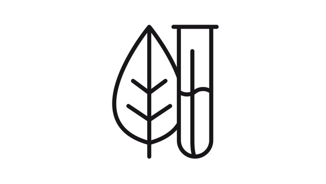 Minimalist black vector icon of a leaf and a test tube, representing biotechnology, natural science research, and eco-friendly laboratory experiments. Scalable line art graphic illustration.