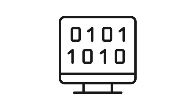 Black line art vector icon of a computer monitor displaying binary code zeros and ones, representing software development, computer programming, data processing, and digital technology concepts.