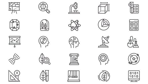 Science and Education Vector Icon Set: 25 Minimalist Black Line Symbols for Biology, Physics, Technology, Psychology, Engineering, Nature, and Mathematics. Professional Graphic Design Bundle.