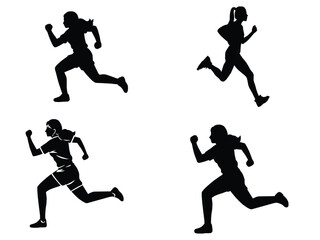 Fototapeta premium Silhouette of man and woman running side by side, symbolizing fitness, healthy lifestyle, exercise, marathon training, and active sports activity design