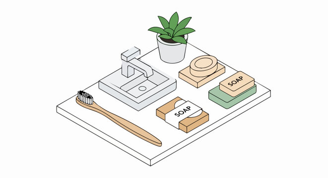 Eco-Friendly Bathroom Essentials Isometric Illustration featuring Organic Bar Soap, Bamboo Toothbrush, and Modern Sink for Sustainable Living Concept