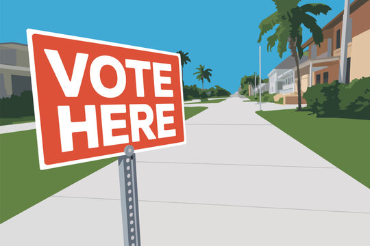 A red and white vote here sign on a sidewalk in a suburban neighborhood with palm trees and houses.