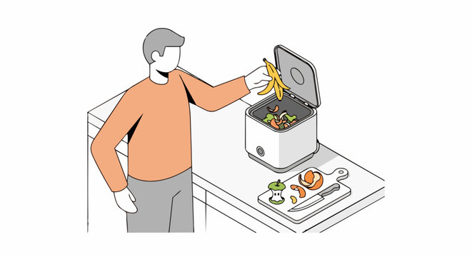 Man using an electric kitchen composter for indoor recycling and organic food waste management