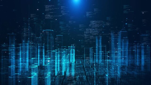 Abstract Digital City Numbers Grids. Flying Through 3d Business Technology Concept. Smart city cloud computing digital network artificial intelligence concepts, programming themes data streams 3D 4K