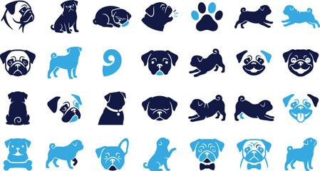 Fototapeta premium Pug dog icon set showcasing diverse poses and expressions vector graphics.