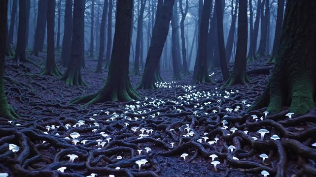 Blue twilight forest floor with glow thousands of small fungi emitting soft bioluminescent light among twisted roots, nocturnal hush, mycologist studying clusters, childlike wonder in scene, cinematic