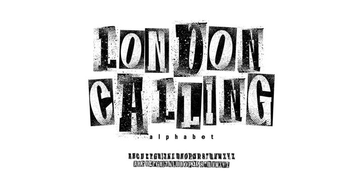 London Calling Display Punk: A gritty punk rock ransom font. Distorted grunge display for underground music and DIY rebel aesthetics.