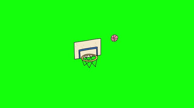 Animated 2D hand-drawn basketball going through a hoop, net swaying slightly, doodle style, isolated on green screen background.
