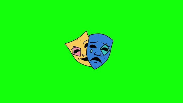 Animated 2D hand-drawn theater masks, comedy and tragedy, floating gently side by side, expressions blinking, isolated on green screen background.