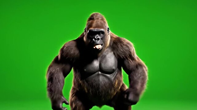 A powerful gorilla stands with its chest puffed out against a vibrant green backdrop.