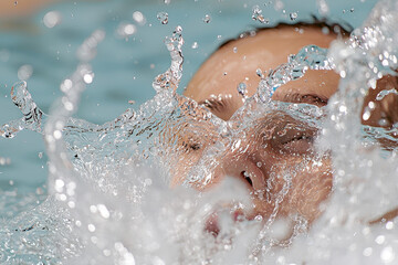 Fototapeta premium Swimmer face emerges from water, droplets splashing around, capturing intensity and beauty of moment