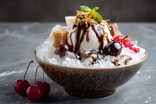 A close-up of a popular Asian frozen dessert featuring scoops of ice cream and colorful sorbet, topped with fresh fruits and berries over shaved ice, vibrant and appetizing, perfect 