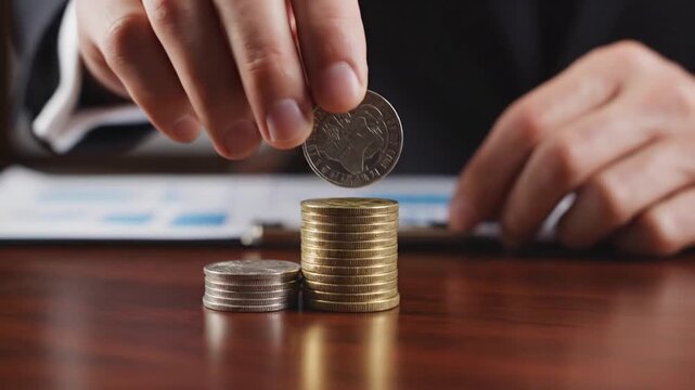 A person's hand carefully places a coin on top of a stack of money.