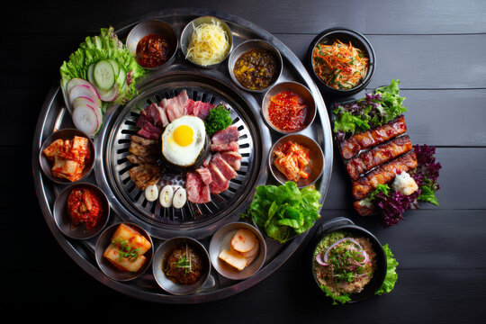 Authentic Korean national cuisine presented in a food photograph featuring bibimbap, kimbap, tteokbokki, grilled meat, and an array of banchan including kimchi and jorim.