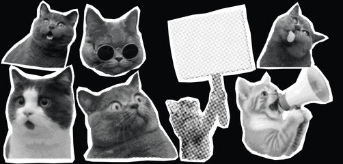 Funny Cat Sticker Set, Grumpy and Silly Black and White Cats Collection, Isolated Feline Expressions with Megaphone and Sign © Pixel Art