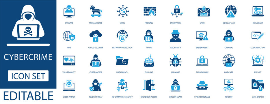 Cybercrime and digital security icon set. Includes hacker, malware, phishing, data breach, ransomware, and cyber attack symbols for web, mobile apps, and cybersecurity presentations.