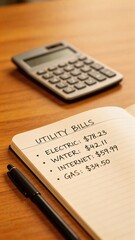 Obraz premium A notebook with handwritten utility bills and a calculator on a wooden desk, used for managing and paying household expenses.