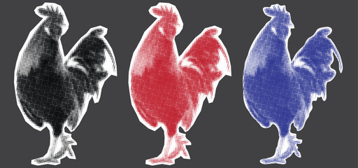 Rooster Vector Set with Grunge Texture, Red Blue and Black Cockerel Illustration Collection, Minimalist Farm Animal Stickers © Pixel Art