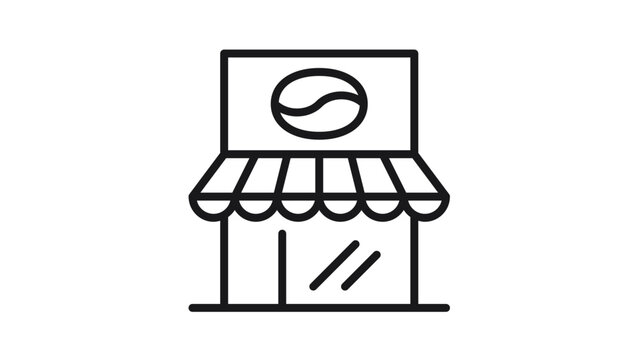 Coffee shop storefront vector icon illustration. Minimalist black line art of a cafe building with a striped awning, coffee bean logo sign, and glass door. Scalable graphic symbol for business.