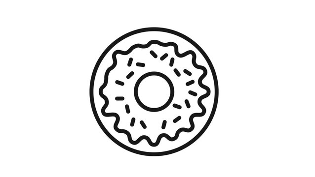 Minimalist black line vector icon of a glazed donut with sprinkles, isolated on a white background. Clean and scalable graphic illustration of a sweet dessert pastry for food and bakery design.