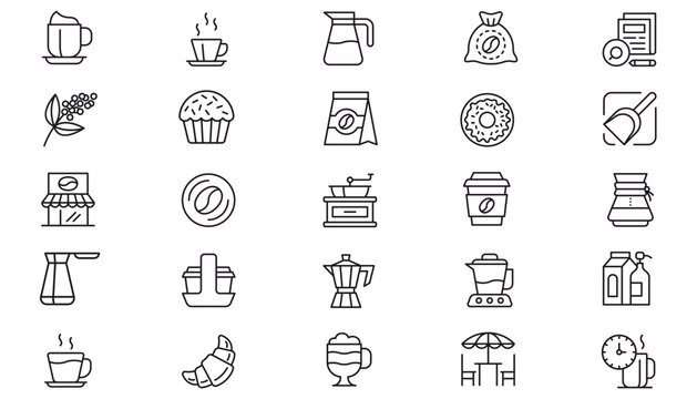 Vector Icon Set of 25 Black Line Art Symbols for Coffee Shops, Bakeries, and Cafes. Includes Espresso Makers, Cups, Beans, Pastries, Croissant, Donut, Kitchenware, and Storefront Illustrations.