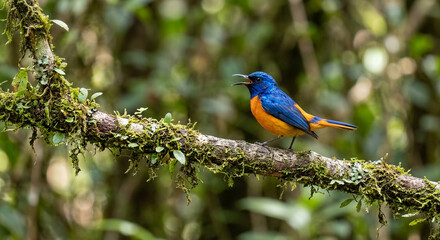 Fototapeta premium A colorful bird perched on a mossy branch in a forest