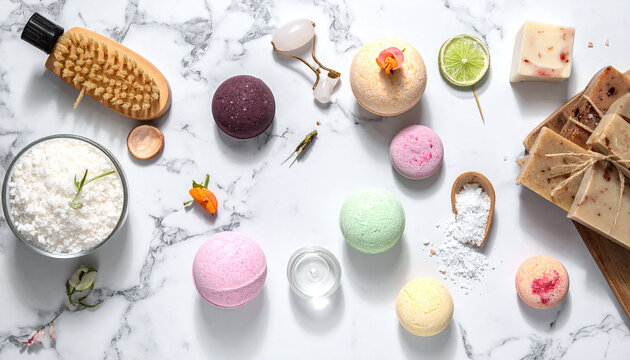 Elevate your wellness brand with this vibrant flat lay featuring handmade soaps, fizzy bath bombs, and salt scrubs on elegant marble. Ideal for skincare and holistic lifestyle themes.