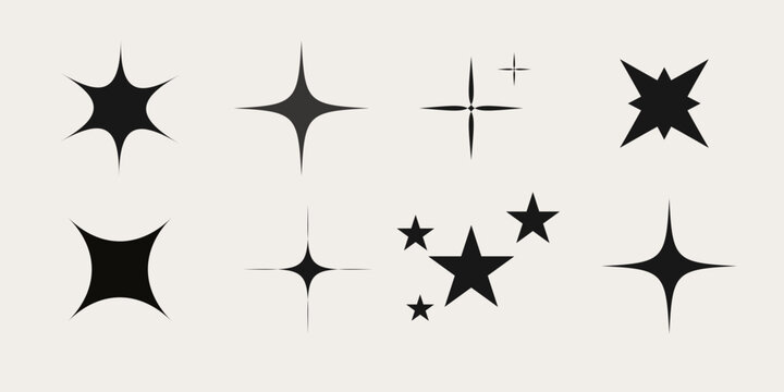 Set of blinking stars, sparks and sparkles. Shining twinkle sunburst shapes collection. Magic light flare pack for design template, poster, banner, brochure, leaflet. Vector glint glitter illustration