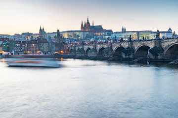 Fototapeta premium city of Prague castle in hradcany and the Vltava river with Charles bridge in Prague, Czech Republic.